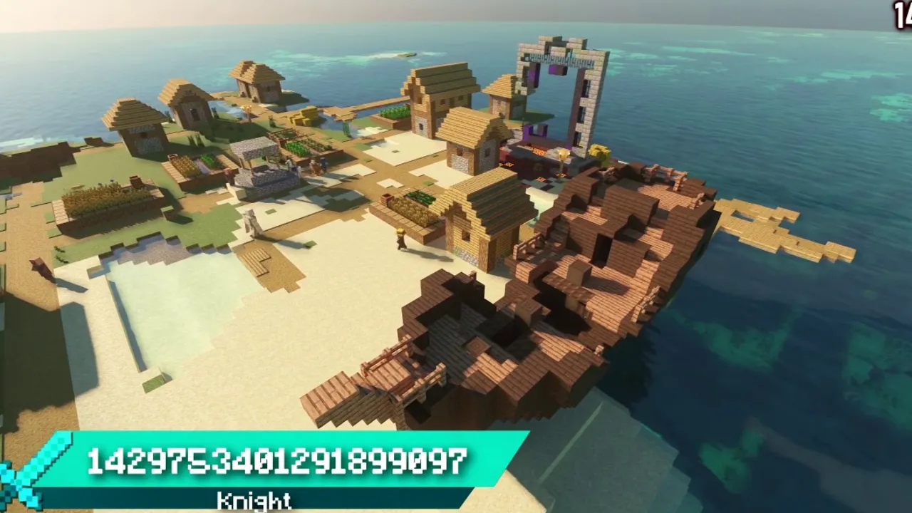 Desert Village Island Enclosed by Circular Warm Ocean Reefs: Sandy island village with grounded shipwreck bordering clear ocean water