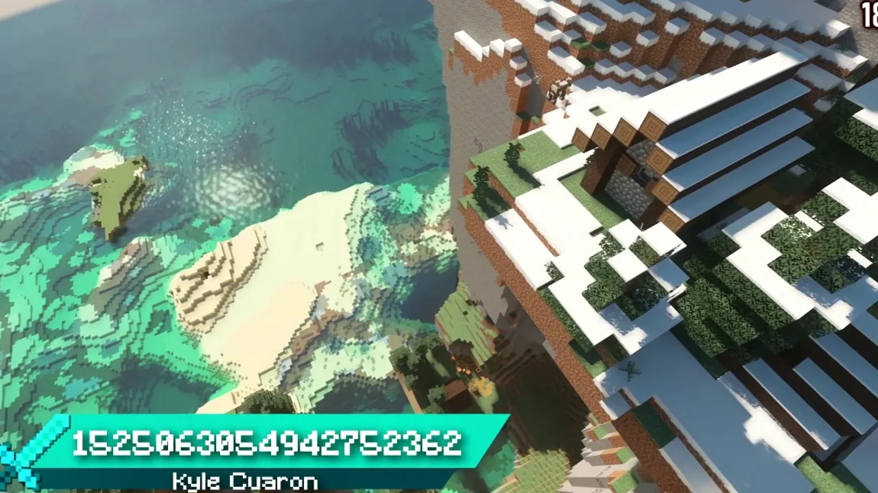 Tall Cliff Pillager Outpost Overlooking Open Coral Shallows: Snow-dusted mountain cliff face looking down on bright coral shallows