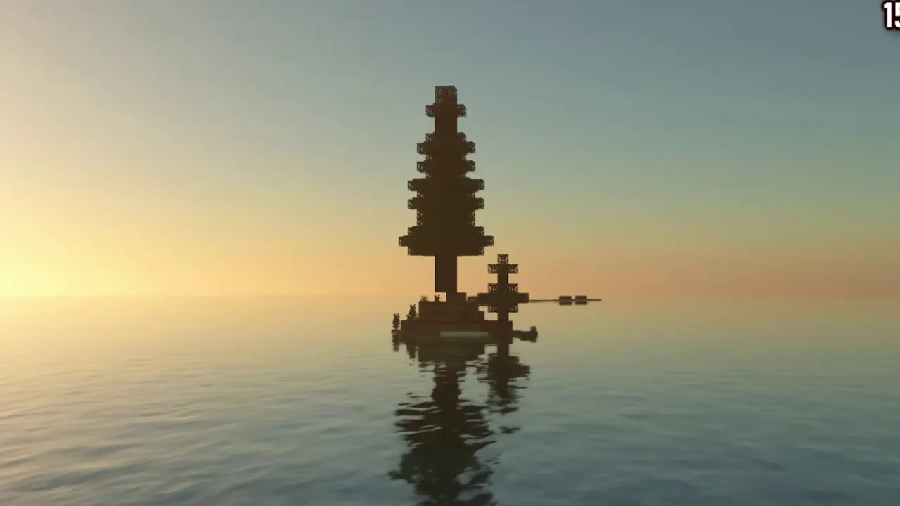 Forested Tropical Mound Rising Above Bright Coral Gardens: Solitary birch tree standing in open warm ocean water at sunset