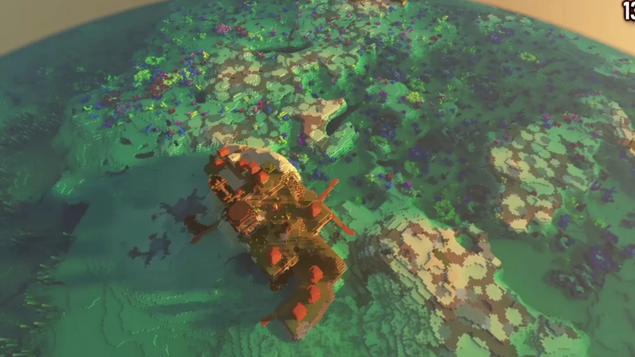 Island Village and Pillager Outpost Over Shallow Coral Shallows: Submerged wooden shipwreck resting across colorful coral sea bed