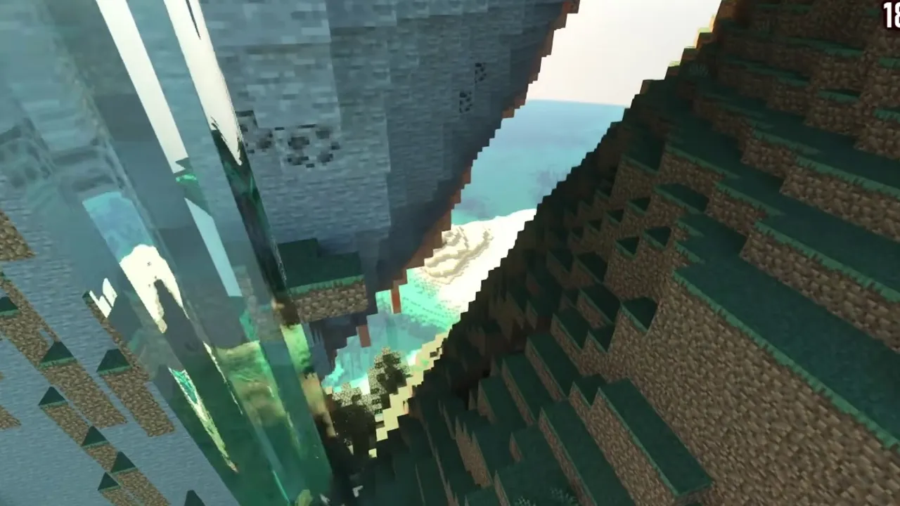 Tall Cliff Pillager Outpost Overlooking Open Coral Shallows: Vertical stony mountain cliff towering over clear turquoise water