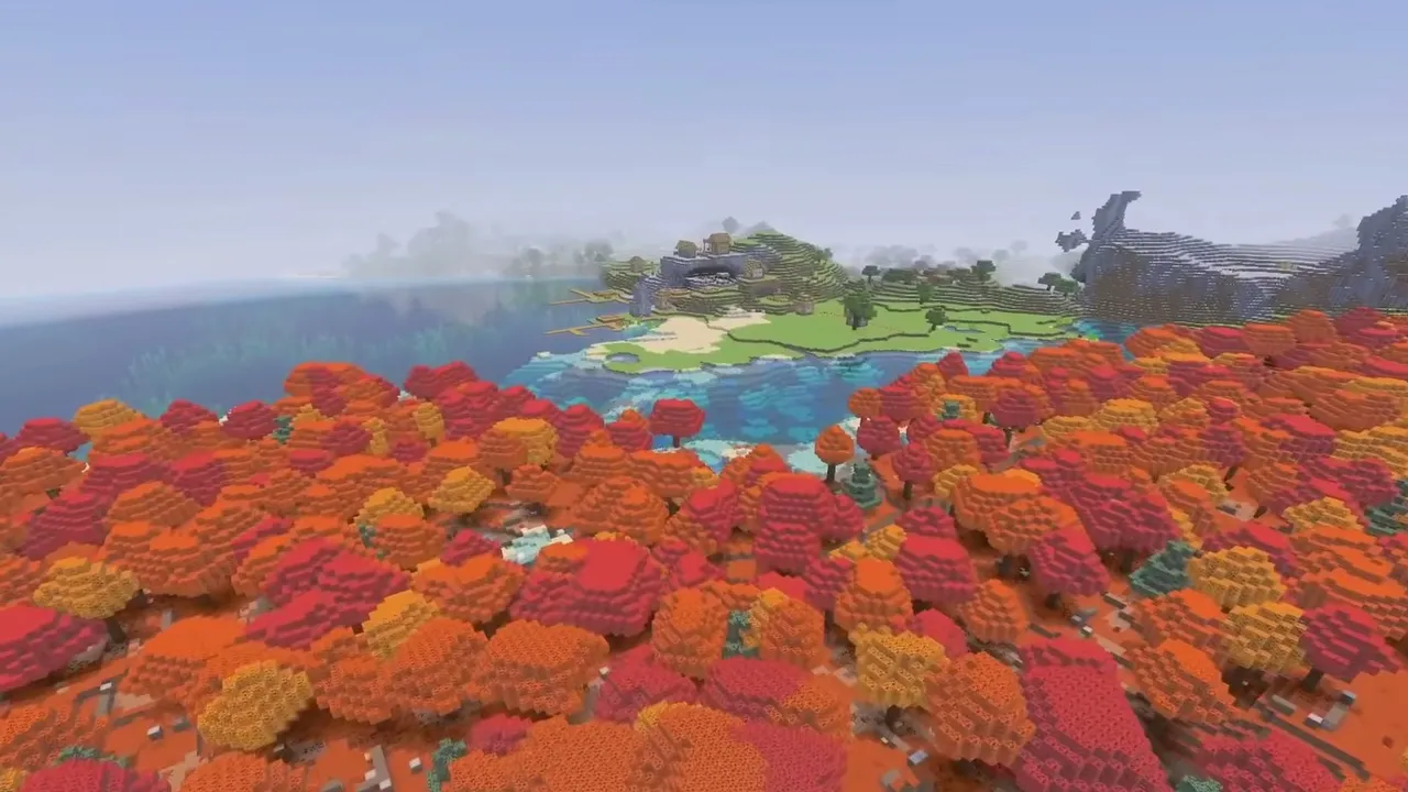 Coastal Bluff Settlement and Autumn Forest: Canopy of red and orange poplar trees bordering a shallow ocean bay
