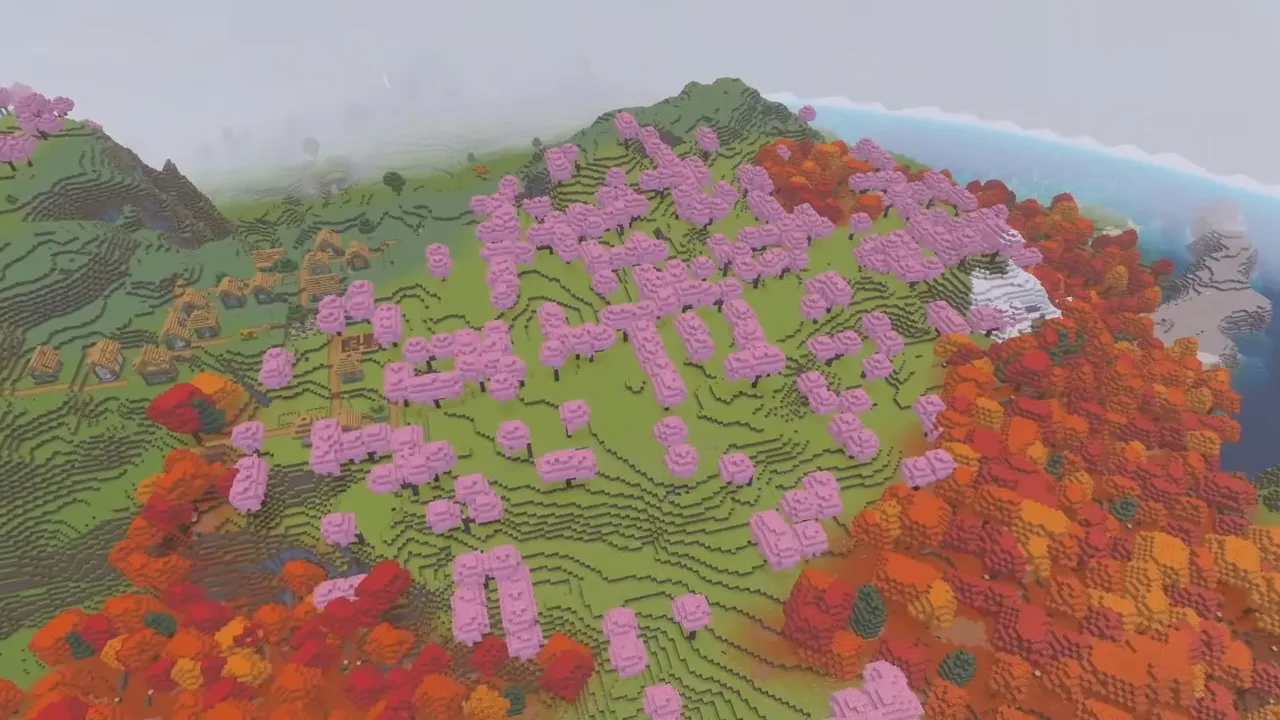 Cherry Grove and Poplar Ridge Village: Cherry blossoms and red poplar trees on a slope above village houses