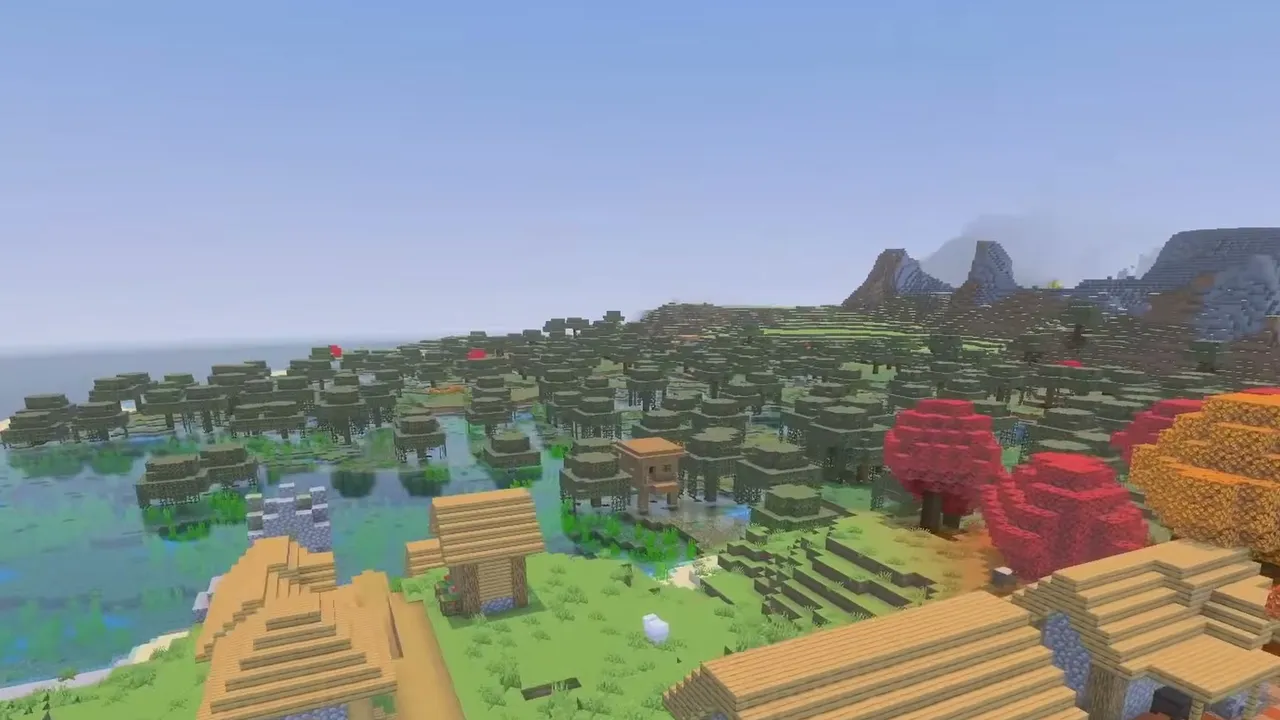 Swamp Border Village Under Poplar Hills: Cobblestone church and village cabins near calm swamp water