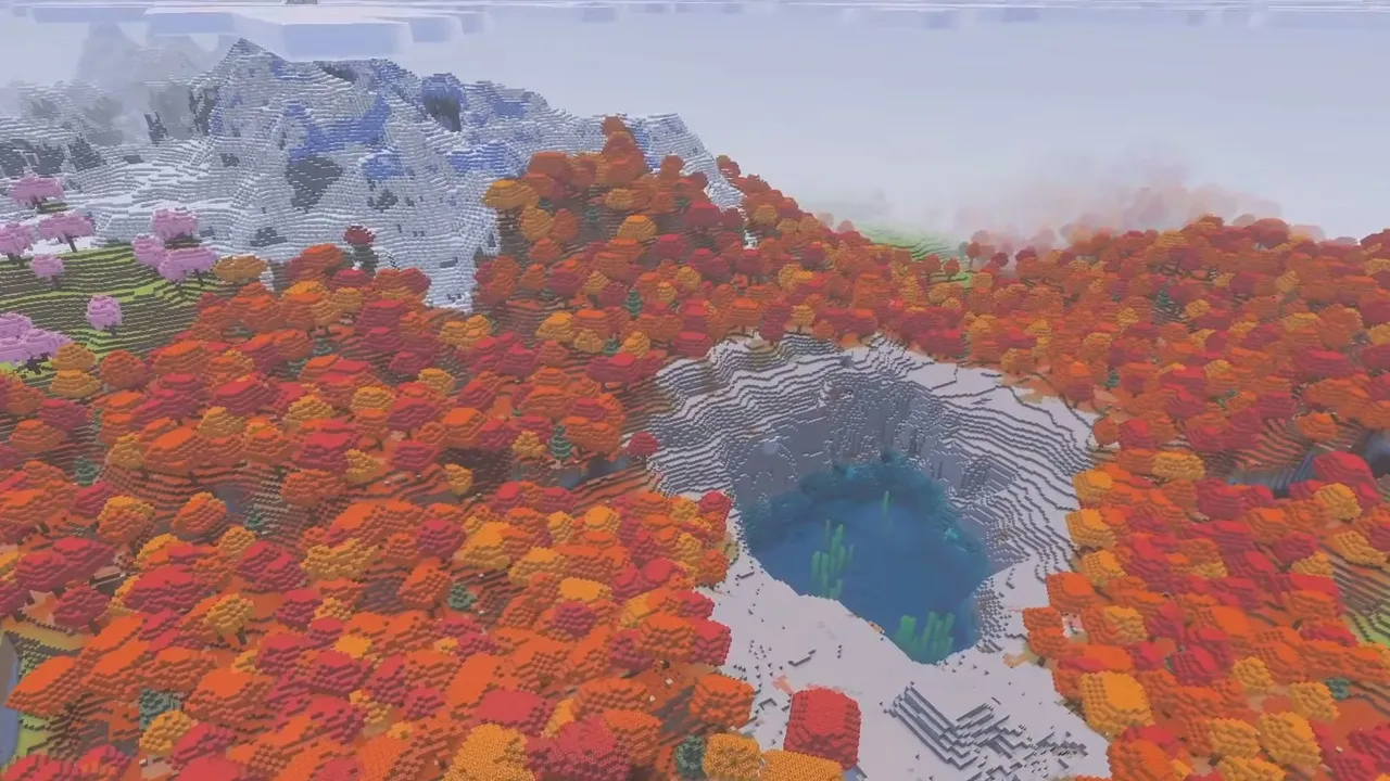 Poplar Forest Basin Village: Flooded stone basin surrounded by orange and red poplar trees