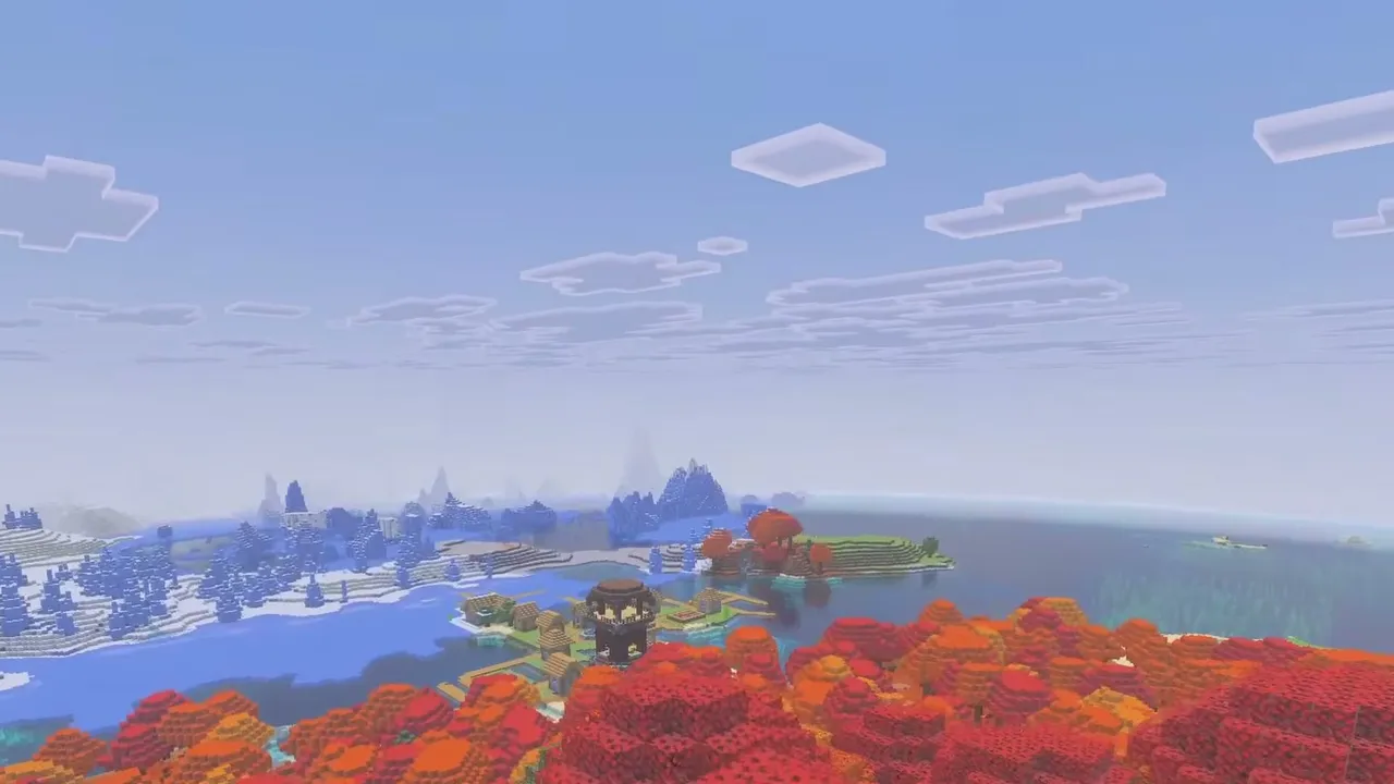 Lake Village and Outpost on Cold Water: Lake village and pillager outpost beneath an autumn poplar ridge
