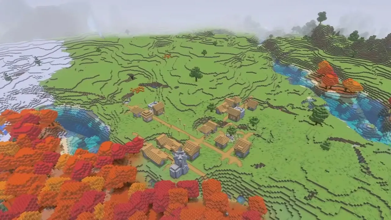 Meadow Village Between Woods and Ice Spikes: Meadow village bordered by red poplar trees and snowy plains