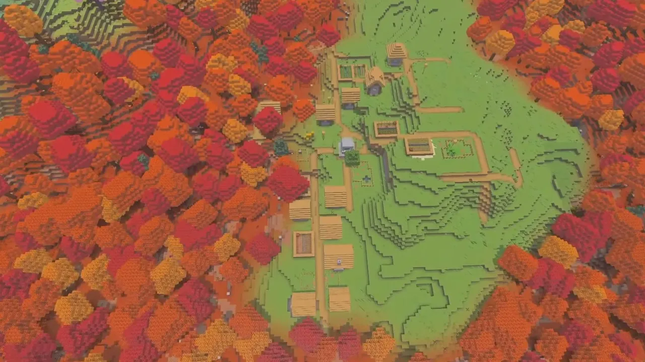 Poplar Forest Basin Village: Overhead view of a village clearing bordered by autumn trees