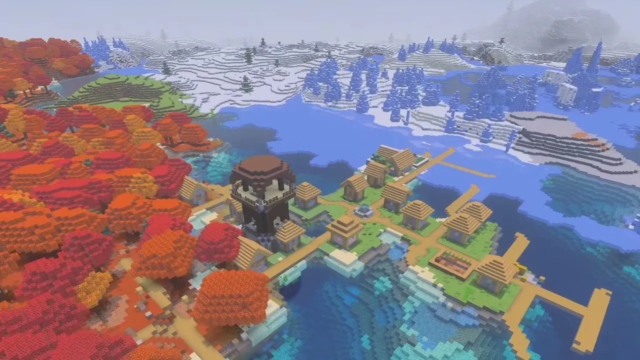 Lake Village and Outpost on Cold Water: Overhead view of village docks and outpost tower near frozen water