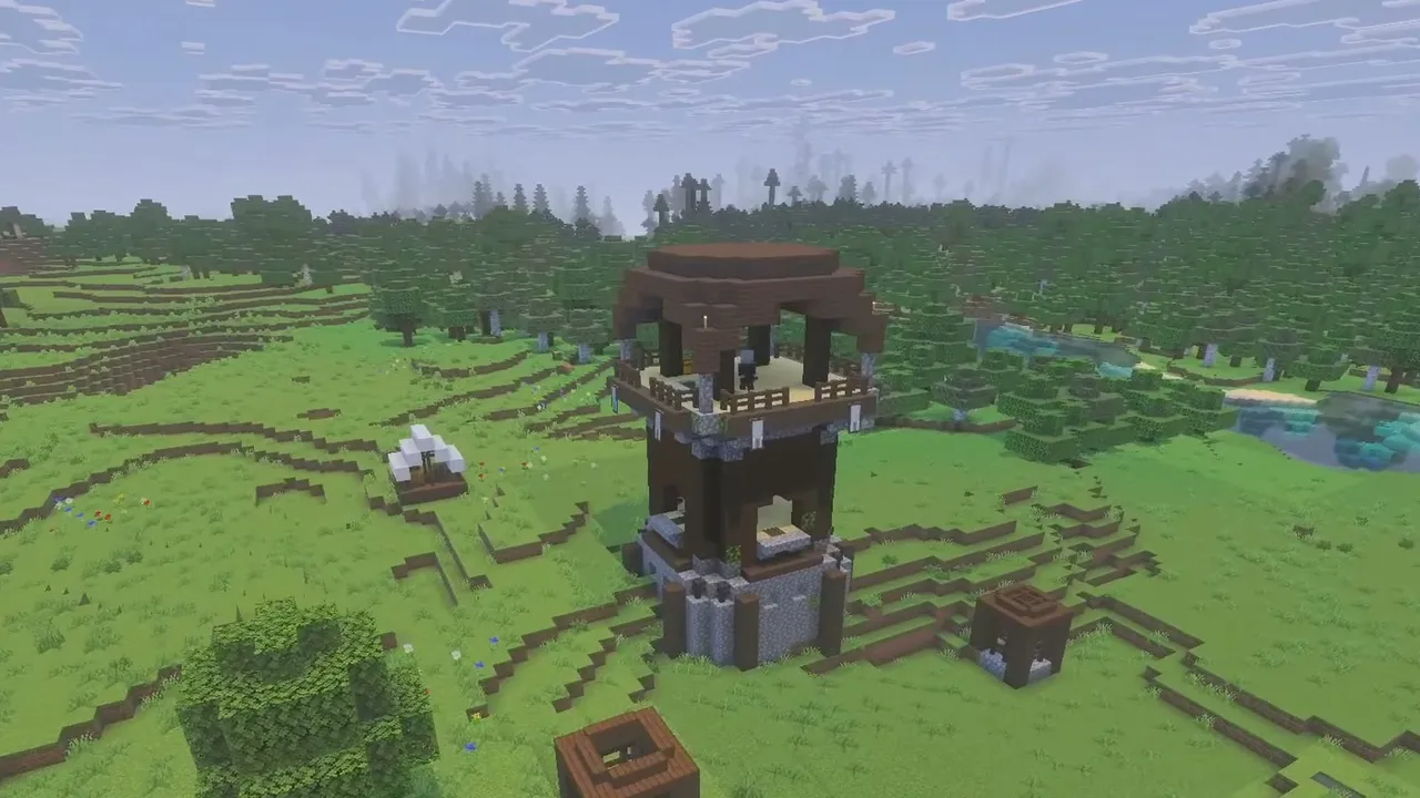 Lakeside Village and Meadow Outpost: Pillager outpost standing in a grassy meadow near birch trees