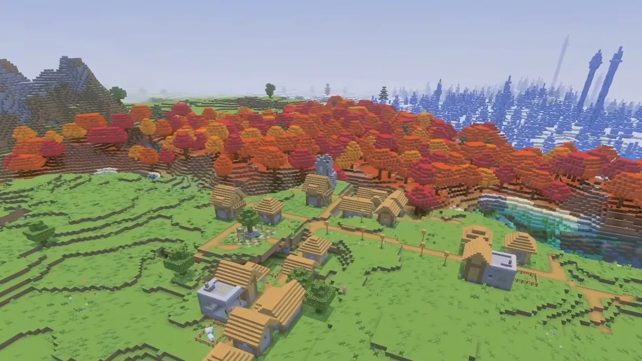Meadow Village Between Woods and Ice Spikes: Plains settlement framed by autumn trees and distant ice spikes