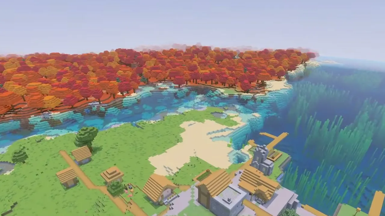 Coastal Bluff Settlement and Autumn Forest: Plains village on a grassy bluff looking toward an autumn woodland