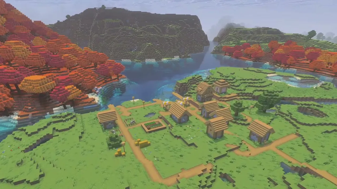Lakeside Village and Meadow Outpost: Plains village on a lake shore next to autumn poplar trees