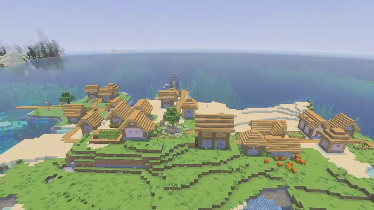 Peninsula Village and Coastal Lake: Plains village on a sandy peninsula surrounded by ocean water