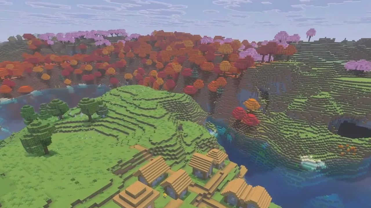 Cherry Grove and Poplar Ridge Village: River cutting through a valley below terraced village paths