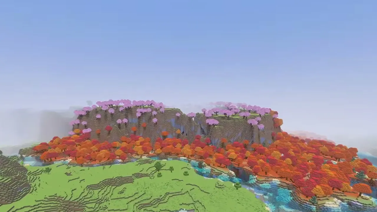 Mountain Crater with Cherry and Poplar Woods: Stone cliff face above red poplar woods with cherry trees on the ridge