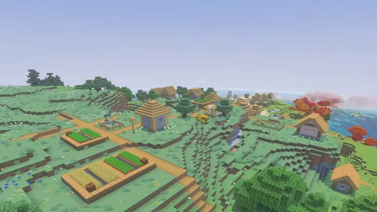 Peninsula Village and Coastal Lake: Terraced crop plots and village houses overlooking a coastal inlet