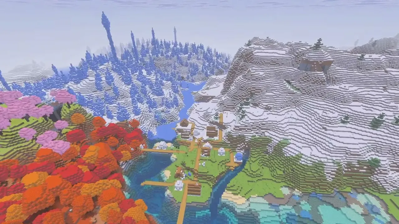 River Canyon Village at Four Biomes: Village on a riverbank between ice spikes and autumn trees