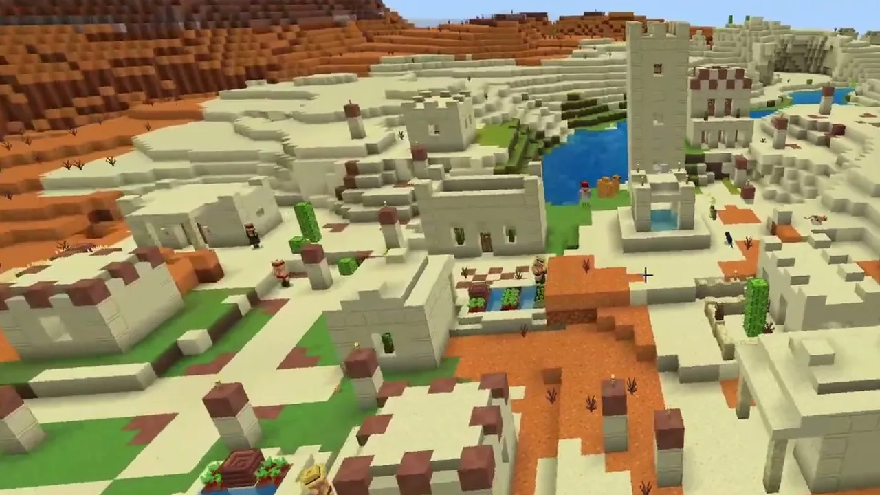Outpost and Badlands Border Villages: closer overhead view of a sandstone village built against red badlands cliffs