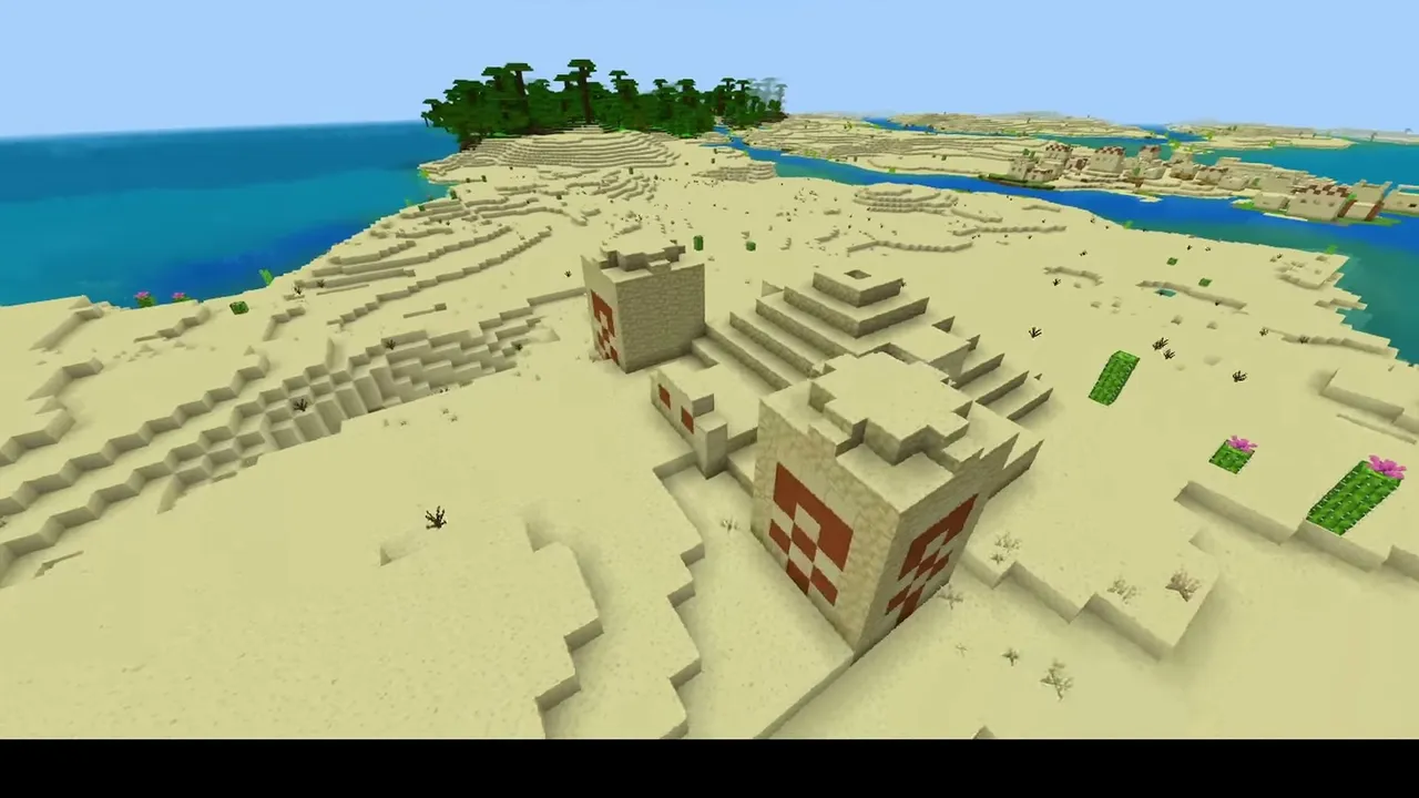 Desert Temple Basin Village: closer view of a desert temple on the river shore with a village in the distance