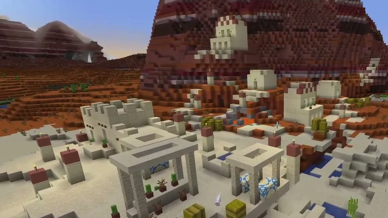 Triple Temple Desert Plains: closer view of a desert village and desert temple bordering striped badlands hills