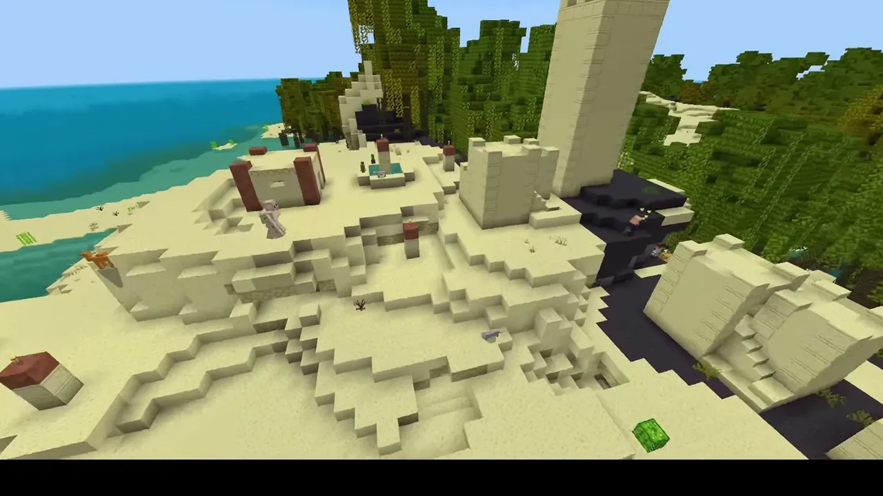 Mangrove Border Desert Village: closer view of a sandstone village tower and ruined portal next to mangrove trees