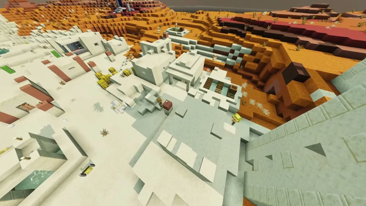 Terracotta Coast Desert Settlement: closer view of sandstone village houses clustered along the badlands border