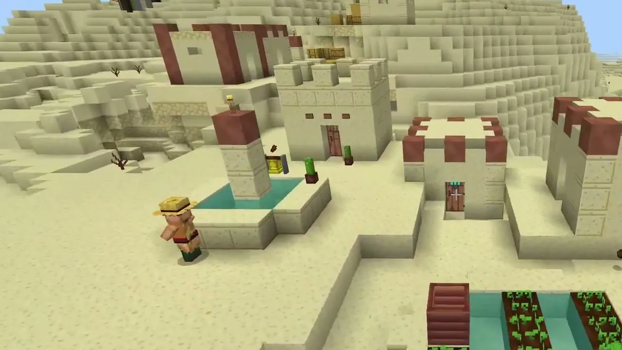 Outpost Hill and Temple Desert Seed: closer view of sandstone village houses and farms with a pillager outpost on the hill behind