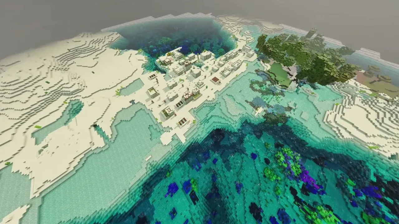 Ocean Shoreline Desert Village: wide aerial view of a coastal desert village next to a circular lagoon and coral reef