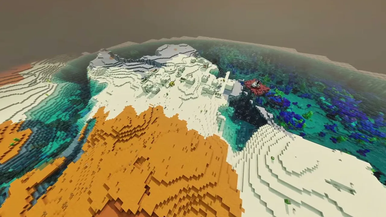 Desert and Badlands Border Settlement: wide aerial view of a desert village between orange badlands and a coral reef bay