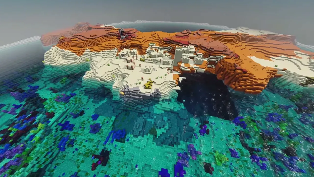 Terracotta Coast Desert Settlement: wide aerial view of a desert village on a coastal cliff beside orange badlands