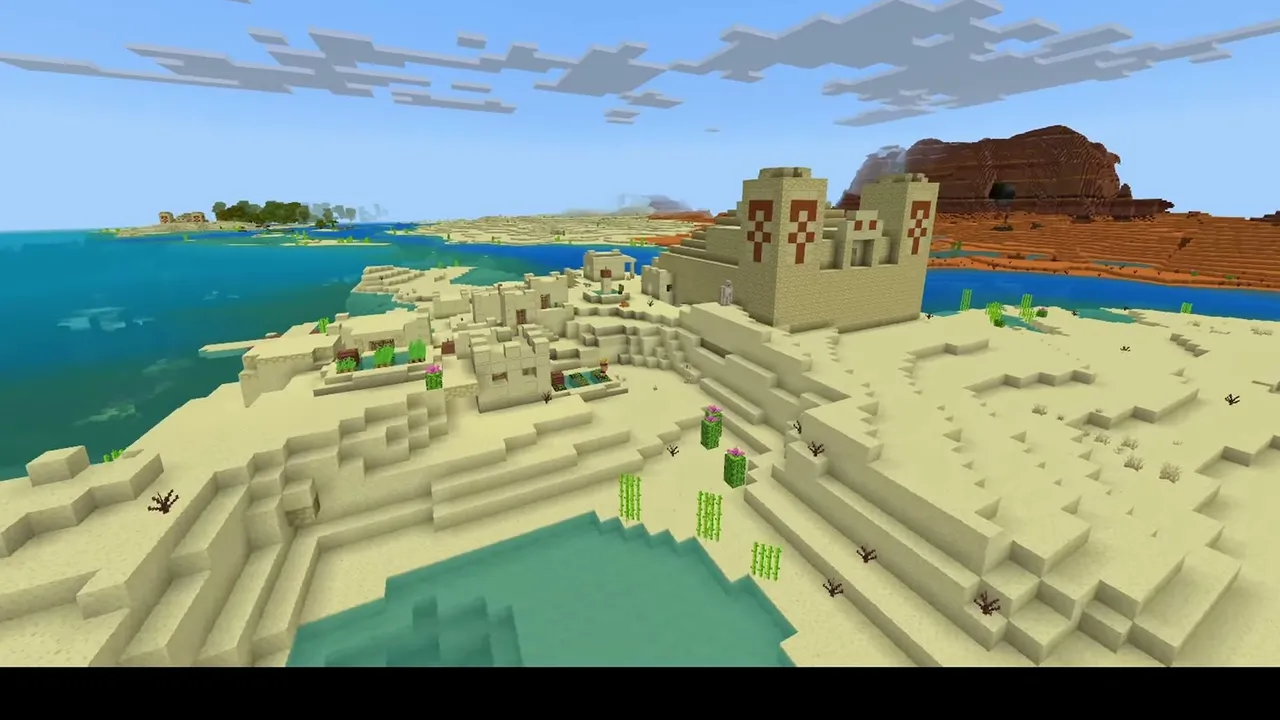Coastal Temple Desert Village: wide view of a coastal desert village and desert temple with badlands in the distance