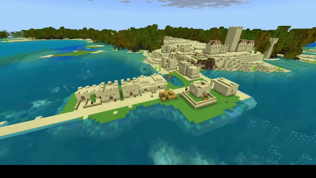 Mangrove Border Desert Village: wide view of a coastal desert village extending into a bay beside a mangrove swamp