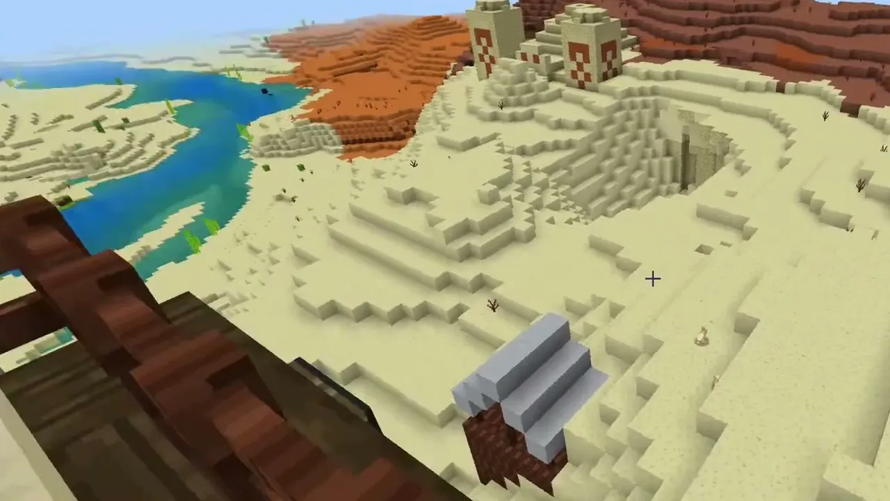 Outpost Hill and Temple Desert Seed: wide view of a desert temple along a river opposite orange badlands hills