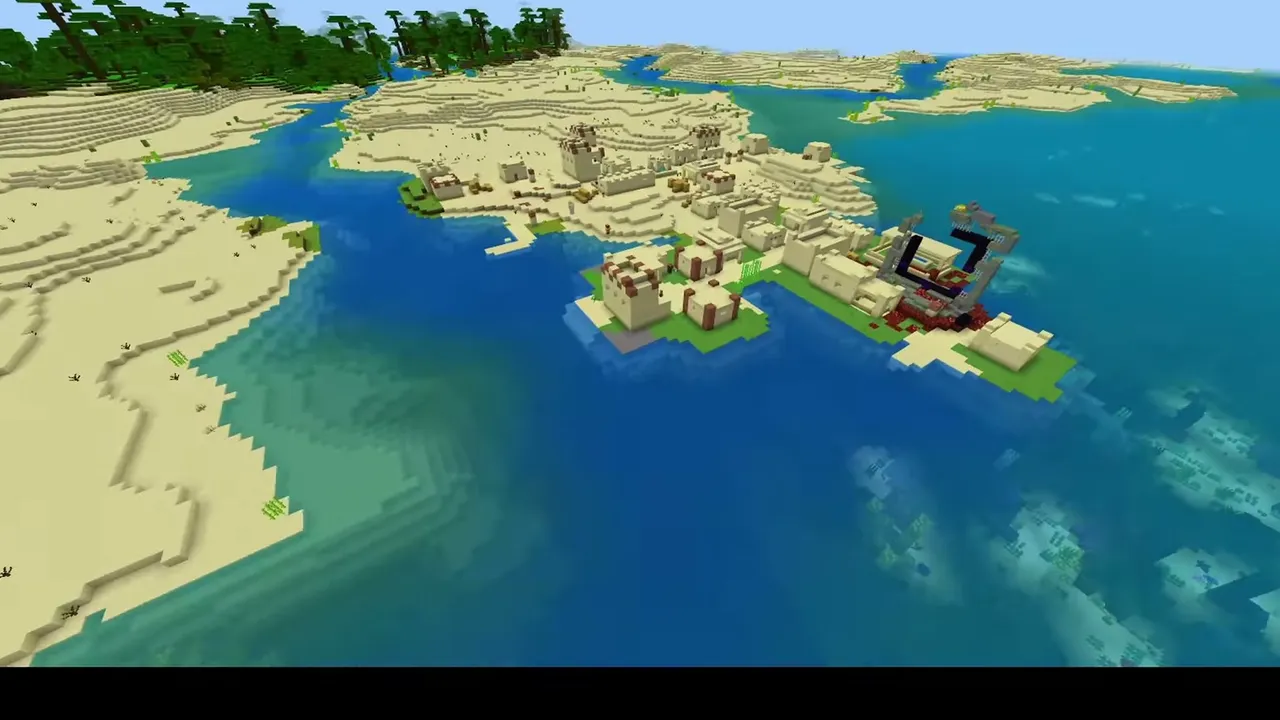 Desert Temple Basin Village: wide view of a desert village and ruined portal on a sandy river peninsula