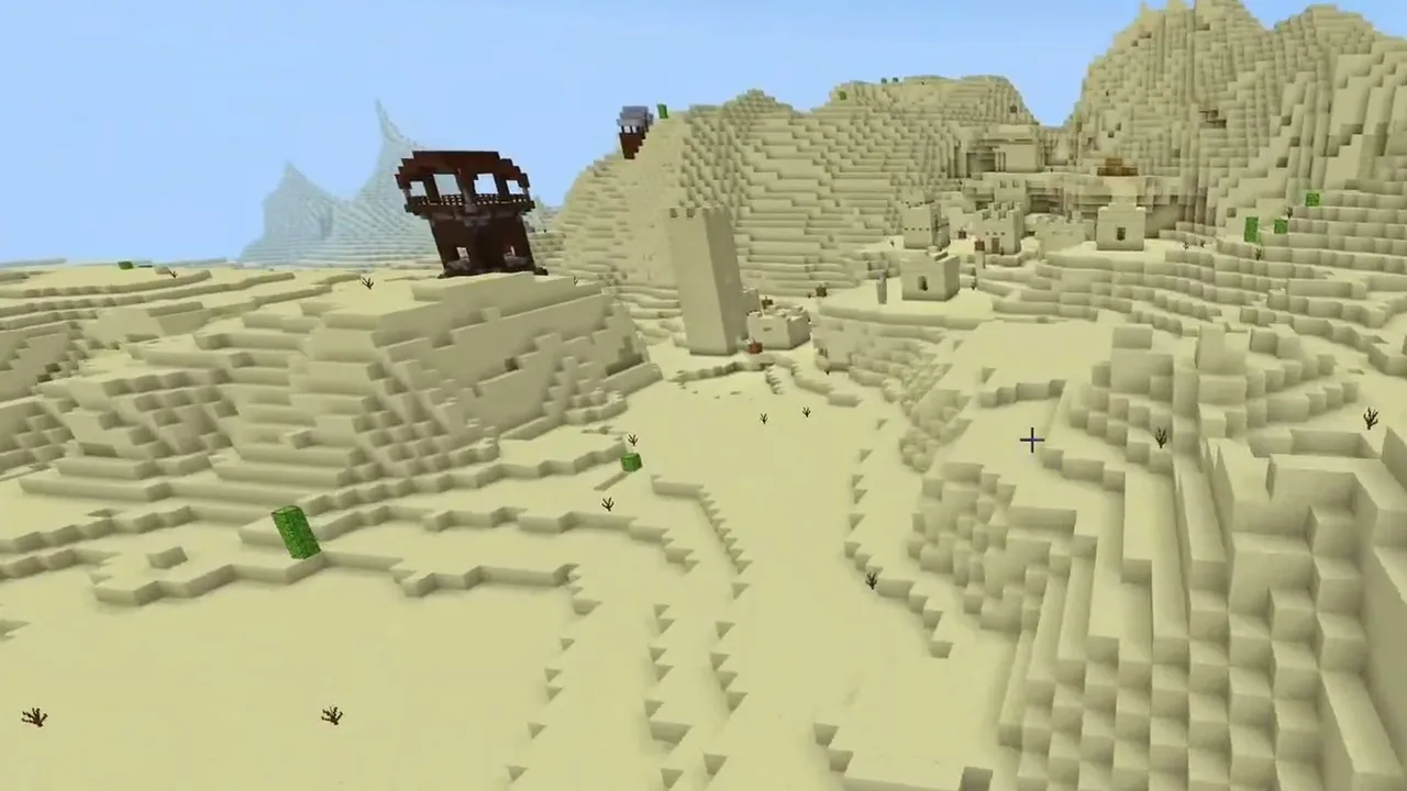 Outpost and Badlands Border Villages: wide view of a pillager outpost standing next to a hillside desert village