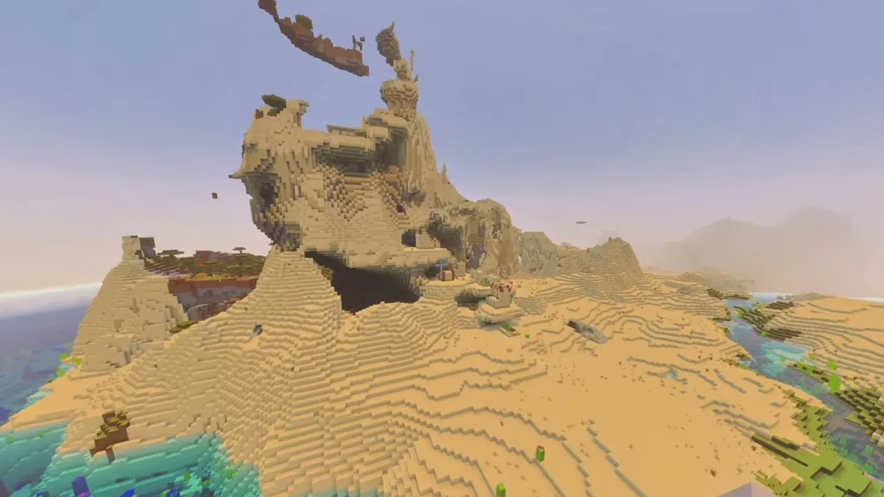 Mountain Slope Desert Settlement: wide view of a tall craggy desert mountain with stone arches and village buildings