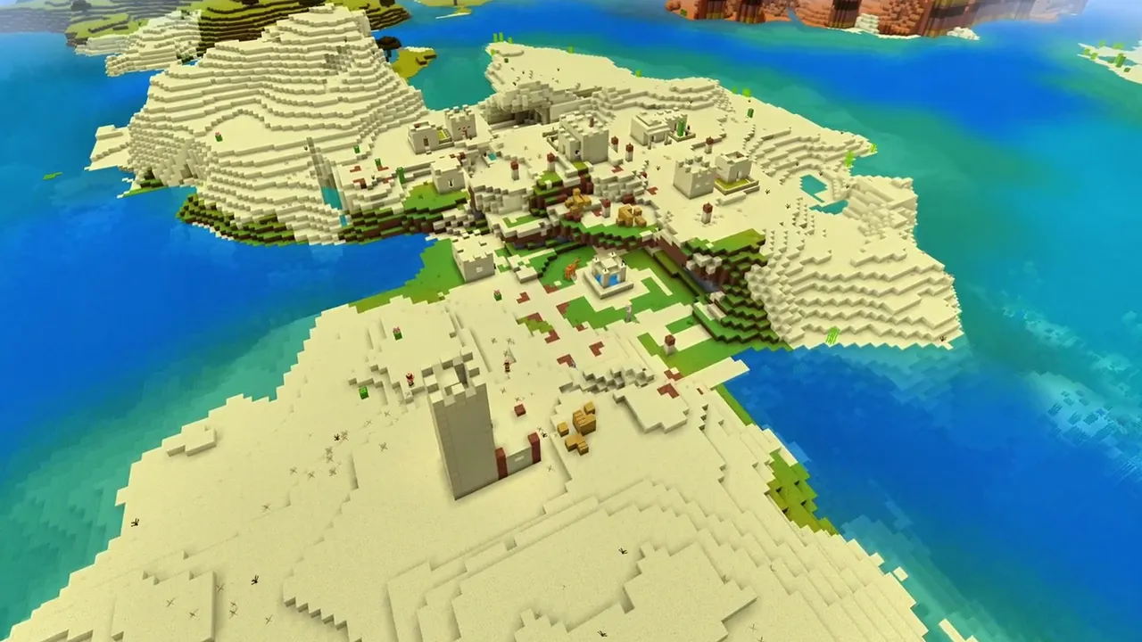 Desert Basin Settlement: Buildings clustered in a sandy hollow