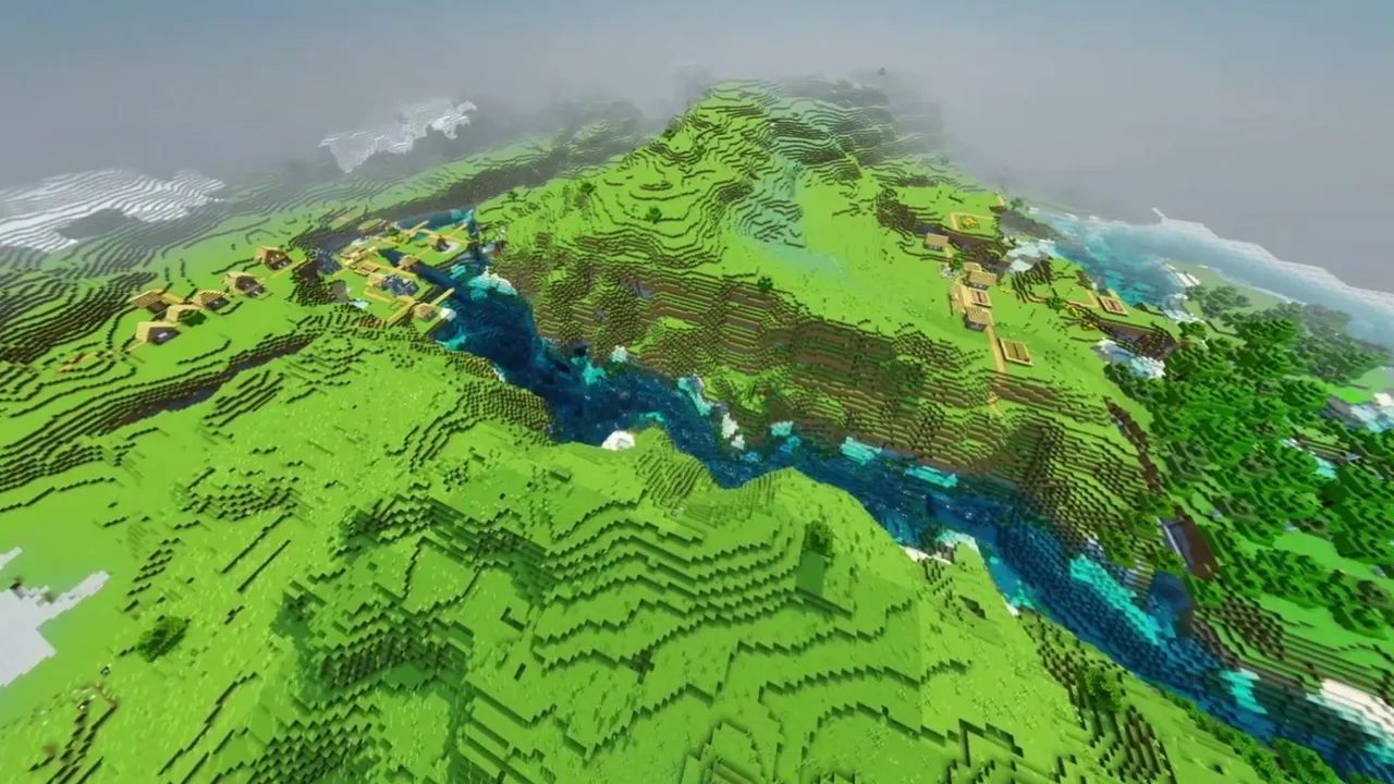 Blue River Settlements: merged villages on both sides of a blue river channel