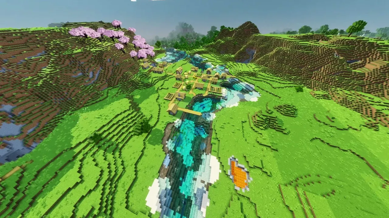 Cherry River Settlement: pair of villages beside a pink cherry grove and calm river