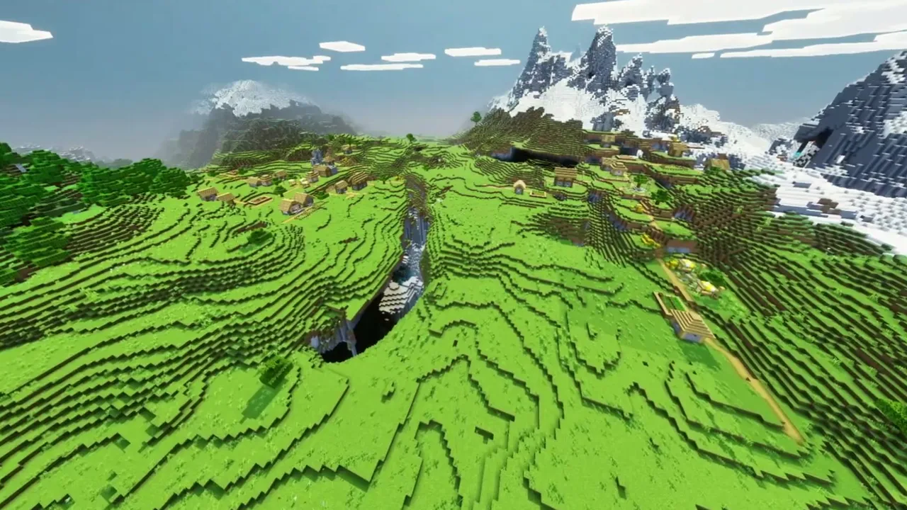 Twin Villages and Ice Peaks: two villages sitting side by side in front of snowy mountain peaks
