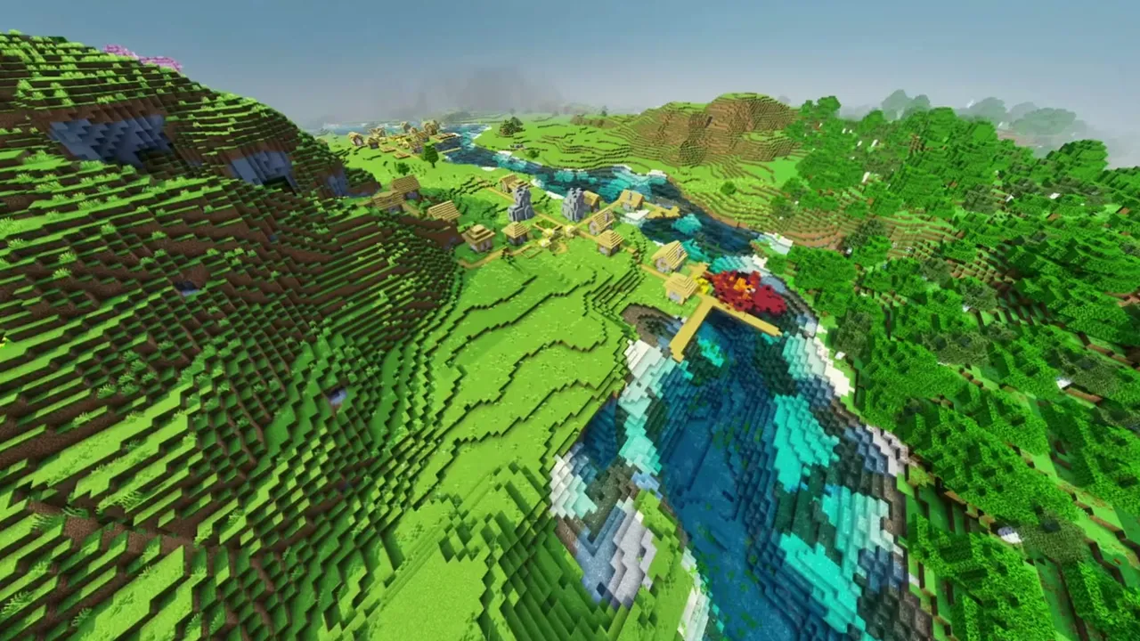 Cherry River Settlement: village buildings standing near the pink canopy and river bank
