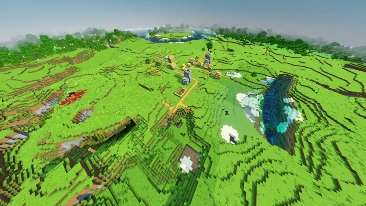 The Twin Plains Spawn: village homes and farm plots spreading across the meadow