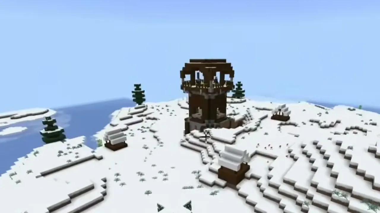 Snowfield Pillager Outpost and Basement Igloo: Dark oak pillager outpost standing on a snow-covered hill in Minecraft PE