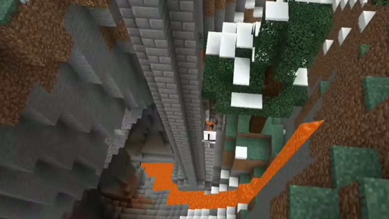 Exposed Ravine Basement Shaft and Lava Fall: Exposed stone brick igloo basement shaft dropping down the ravine wall next to flowing lava