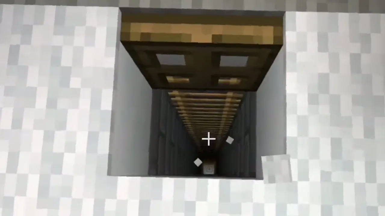 Snowfield Pillager Outpost and Basement Igloo: Open wooden trapdoor and stone brick ladder shaft inside the igloo floor