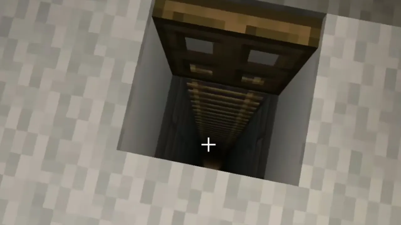 Terraced Hillside Village and Mountain Igloo: Open wooden trapdoor and stone brick ladder shaft inside the igloo