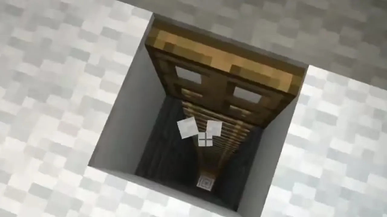 Snowy Hillside Village and Basement Igloo: Open wooden trapdoor and stone brick ladder shaft inside the snow igloo