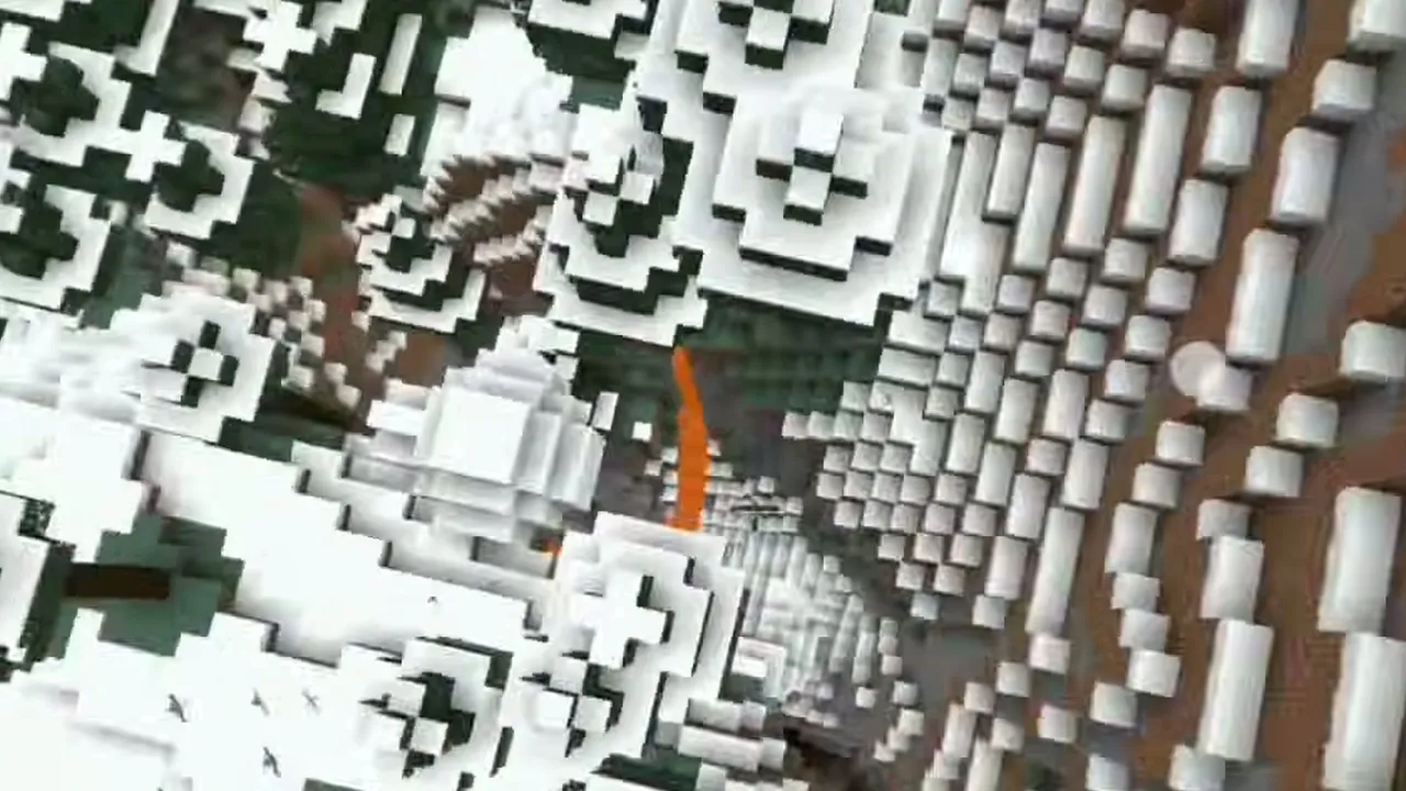 Exposed Ravine Basement Shaft and Lava Fall: Overhead view of a snow igloo on the edge of a snowy ravine with a lava fall