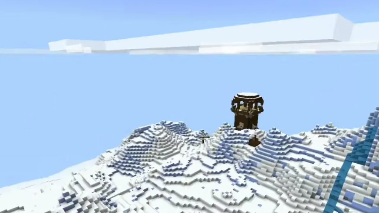 Mountain Crest Outpost and Basement Igloo: Pillager outpost watchtower on a snowy mountain ridge in Minecraft Bedrock